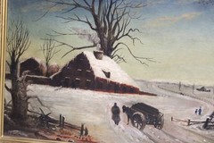 19thC ANTIQUE OIL PAINTING HORSE CART MOTHER CHILD COUNTRY LANDSCAPE GILT FRAME