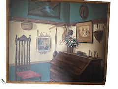 HUNTINGTON WOODEN FRAMED OIL PAINTING..DESK..FOLK ART 46.5″ x 37.5″…T60126