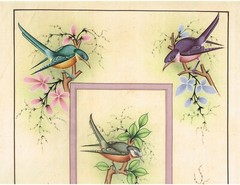 Birds Painting Hand Miniature Nature Artwork On Silk For Wall Gift 16×21 Inches