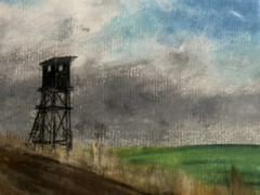 FRANZ EHMKE 1928-2018 GDR PAINTER PASTEL HUNTING TOWER HIGH SEAT HUNTING FIELD EDGE SIGN.