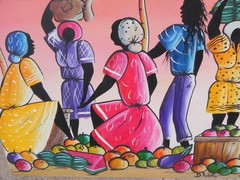 Caribbean Haitian or Jamaican art colorful oil painting figures signed D Roberts