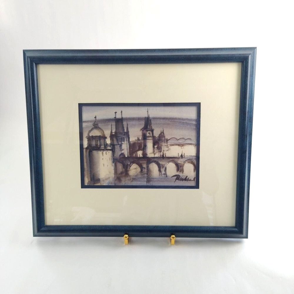 Framed Under Glass Watercolor of The Charles Bridge Prague Signed Blue Frame