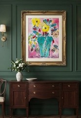 Original Abstract Floral Teal and Yellow Painting – Acrylic on Canvas Art 9×12