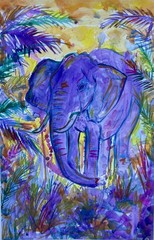 PURPLE ELEPHANT IN JUNGLE COLORFUL LANDSCAPE PAINTING STUDY ON PAPER 11×17
