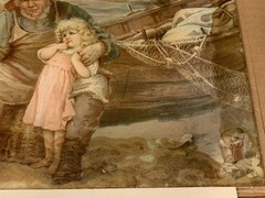 Vtg Antique Reverse Painted Glass Panel Old Fisherman Sailor Boat Children Nets