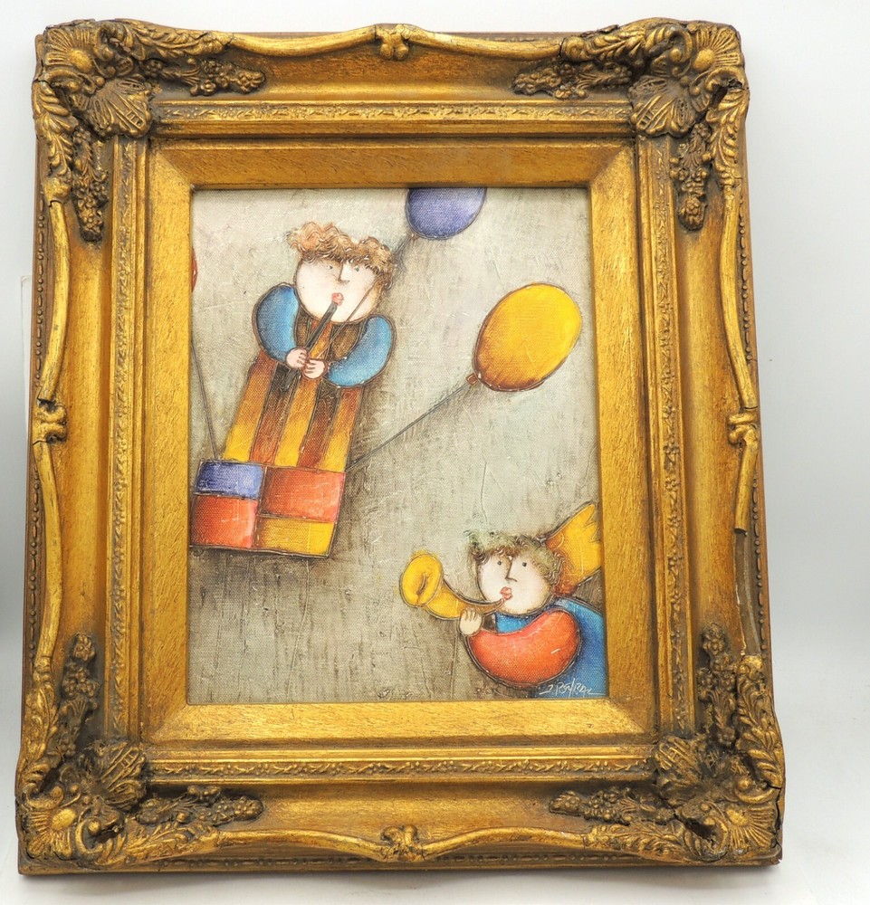 Signed J Roybal Painting Musical Angels Balloons Ornate Frame Stretched Canvas