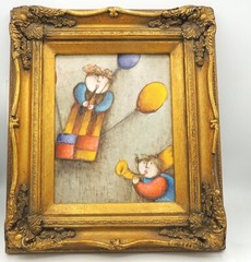Signed J Roybal Painting Musical Angels Balloons Ornate Frame Stretched Canvas