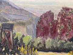 ::OIL PAINTING INDISTINCT. MONOGR.HUNTER STAND ON THE PLATFORM IN FRONT OF RED MOUNTAIN WALL