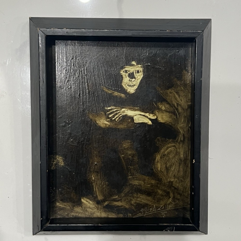 Alfred Zeller Oil Painting 1970s Portrait Of A Lonely Men In A Dark Room. 6×8 In