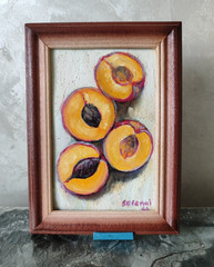 Original Oil Painting Peaches Still Life Signed Framed 5×7 Art Kitchen Decor