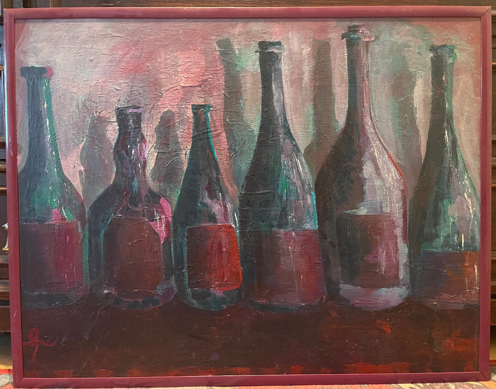 Vintage Original Still Life Painting of Bottles oil canvas OOAK Signed Thompson