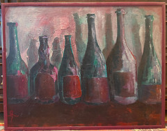 Vintage Original Still Life Painting of Bottles oil canvas OOAK Signed Thompson