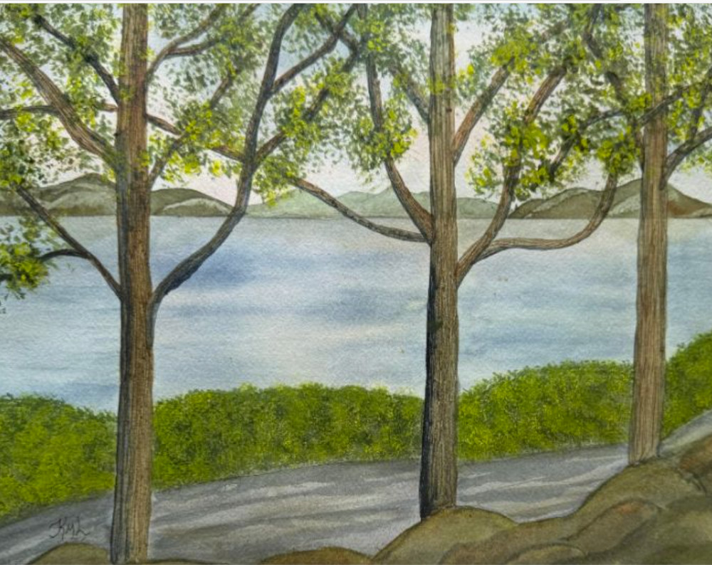 PAINTING WATERCOLOR 11X14 and MAT 16X20 RIVER TREES LANDSCAPE GREEN ORIGINAL ART