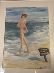 “ Danger! No Swimming “ Bikini Girl Beach Watercolor By Bert Tudor 20×16 Frame