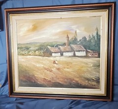 Oil Painting XXL Vintage Landscape Signed Houses France Church With Frame