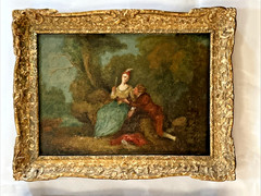 Antique Pair 19thC French Troubadour Oil Paintings Ornate Gold Gilt Frames 10×14