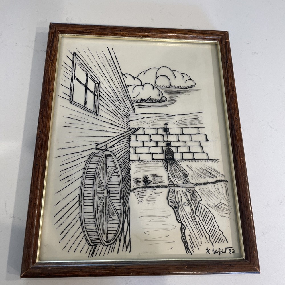 Vintage 1982 Signed Art Water Mill Scene Black White Read