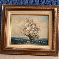 Ambrose Signed Framed Sailing Ship Seascape Canvas Painting 8×10