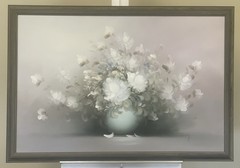 White Floral Still Life Vintage Painting in Wooden Frame By Rossy 39″ x 27-1/4″