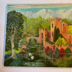 Vintage 70s landscape pink castle original painting hand painted by Robins