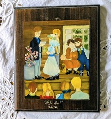 Whimsical VTG Folk Art Original Oil on Wood Wedding Painting Signed By Artist