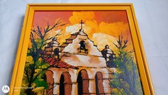Vintage Oil Painting California Mission Spanish Church Orange Yellow Religious