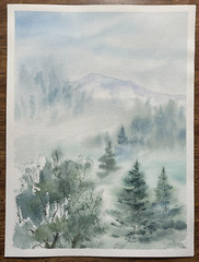 Original Watercolor Painting Landscape Nature Forest Fog Mist – 9×12 inches
