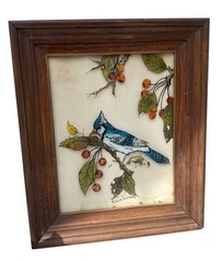 Vntg Reverse Paint on Glass Blue Jay Cherry Tree Leaves Limbs Wood Frame 19 x 16