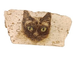 Original Painting Black Cat With Green Eyes On Rock Slab Signed RH 5.5″ X 2.75″