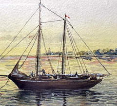 Sim P. Harper American Sail Boat Sailers Harbor Scene Watercolor Painting