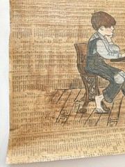 Boy in Overalls Antique School Desk Bag Apple Newspaper Background VTG Painting