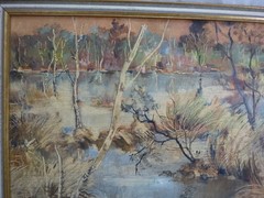 Margott Heinz * 1913 Gemälde Gewässer / Fluss Landschaft mit Bäumen 1975