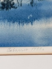Vintage Signed V. Manzya “Frost” Russian Watercolor Painting Blue Kazakhstan