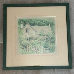 Framed Cottage Garden Landscape Artwork Pastel Style 16×16 Unsigned