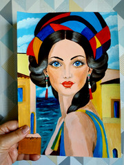 Portrait of a young woman with blue eyes Sea sky clouds Original handmade А 4