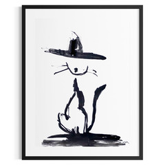 Original Abstract 9×12 Cowboy Cat Ink Painting Black White Paper Signed Art