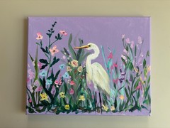 Original Painting, Abstract White Egret Bird, Flower Landscape, 8×10 inch Canvas