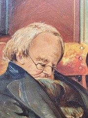 Antique Oil Painting Sleeping Man Reading Newspaper Interior Genre Scene