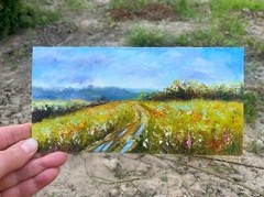 Rustic landscape Original Oil painting Field with trees Country Road 4×8 nature
