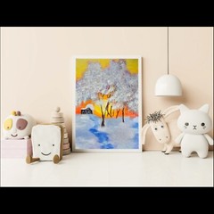 Original Forest Sunset Watercolor Painting Winter Landscape Christmas Wall Art
