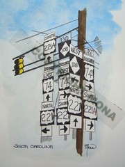 BEFORE GPS, Stop Light, Road Signs in South Carolina, Line & Wash Watercolor