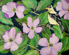 PAINTING WATERCOLOR ART PINK PURPLE CHERRY FLOWERS BIRD FINCH 11X14 & MAT 16X20