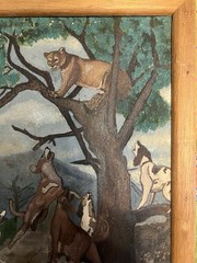 Orig. Vintage Western Hunting Painting Hunter Cowboy Bobcat Cougar Hunting Dogs