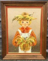 Mid Century Folk Art Girl Oil Paintings By Lola Cabot In Original Frames 21X27”