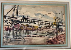 Vintage American Expressionism Watercolor Architecture Bridge Drawing Painting