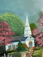 Original Signed Painting on Canvas Church Landscape Framed Signed Rose 2000 Vtg.