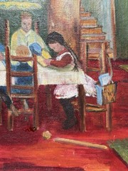 Original VTG Folk Art 1968 Painting Nostalgic Interior Family Gathering Scene