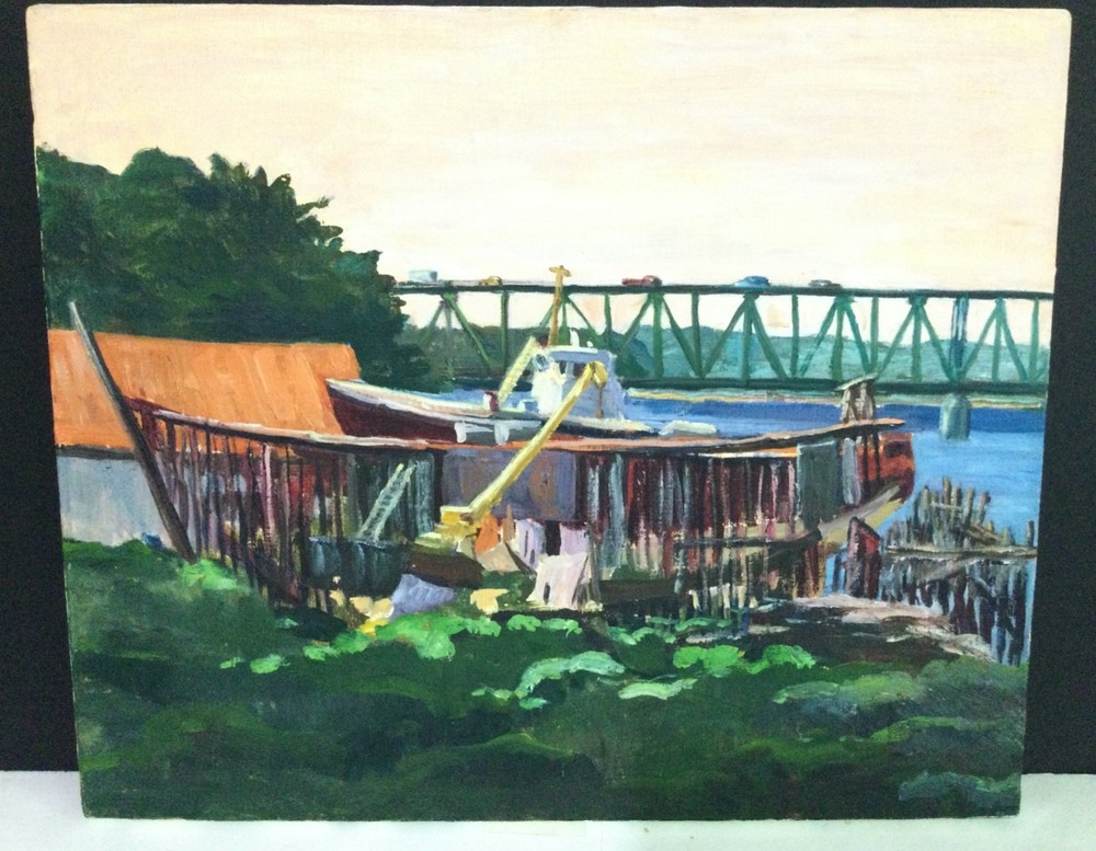 Jean Fowler 1924-2015 (Bar Harbor, Maine) Orig. Oil Canvas- Lobster Boats Bridge