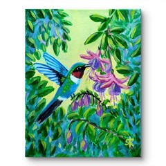 Original Nature 8×10 Canvas Painting Signed Blue Hummingbird Impressionist Decor