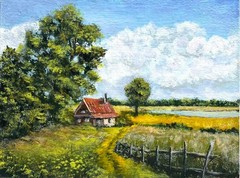 Summer ORIGINAL OIL PAINTING Rural Landscape House Field Flowers ART 6 x 8 in